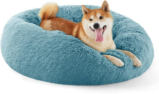 Bedsure Calming Dog Bed for Medium Dogs - Donut Washable Medium Pet Bed, 30 inches Anti-Slip Round Fluffy Plush Faux Fur Cat Bed, Fits up to 45 lbs Pets, Washed Blue