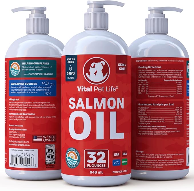 Salmon Oil for Dogs & Cats - Healthy Skin & Coat, Fish Oil, Omega 3 EPA DHA, Liquid Food Supplement for Pets, All Natural, Supports Joint & Bone Health, Natural Allergy & Inflammation Defense, 32 oz