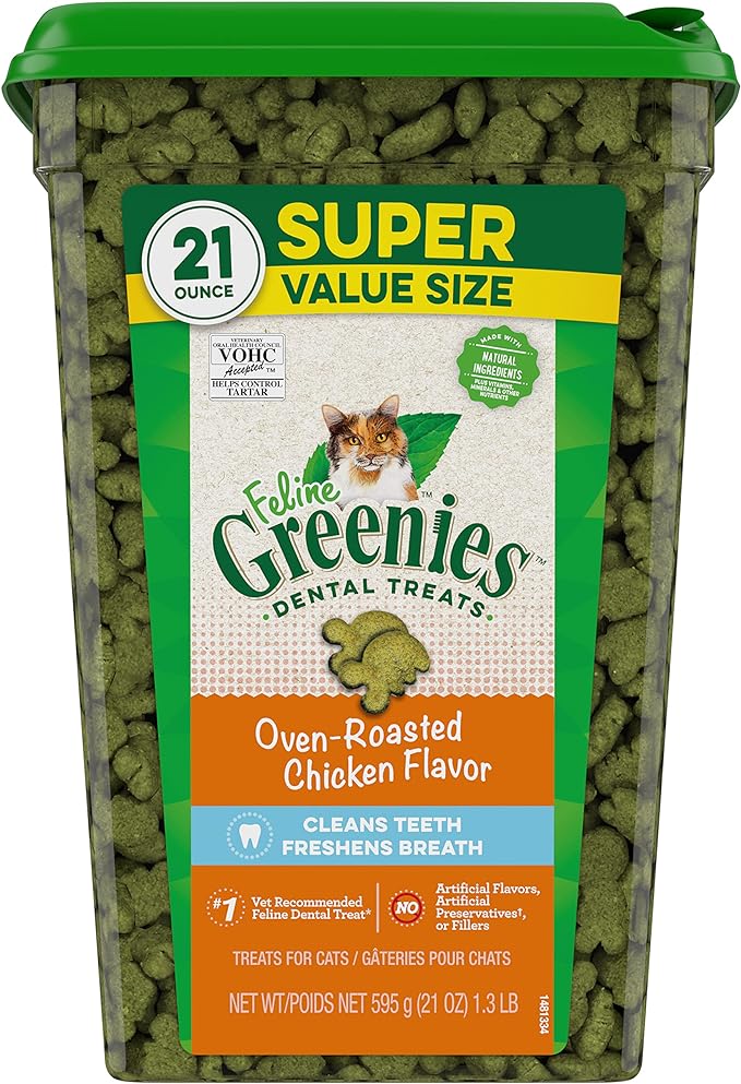 Greenies Feline Adult Natural Dental Care Cat Treats Oven Roasted Chicken Flavor, 21 oz. Tub