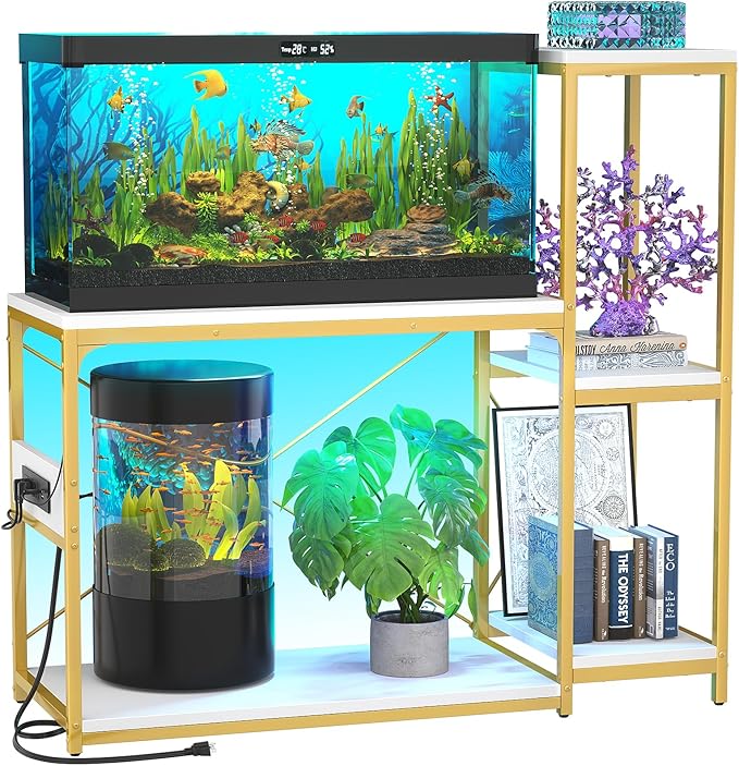 20-29 Gallon Fish Tank Stand with Power Outlet & LED Light, Reversible Wood Aquarium Stand with Shelves for Fish Tank Accessories Storage, Metal Frame, Reptile Terrarium Stand, White and Gold