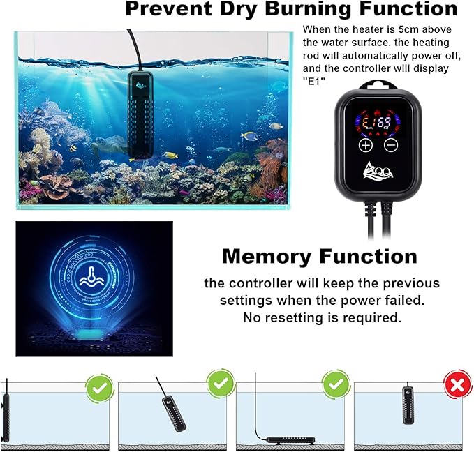 AQQA Submersible Aquarium Heater,100W/200W/300W/500W/800W/1000W/1200W Fish Tank Heater,External Temperature Controller LED Temperature Display,Suitable for Saltwater and Freshwater(1200W)