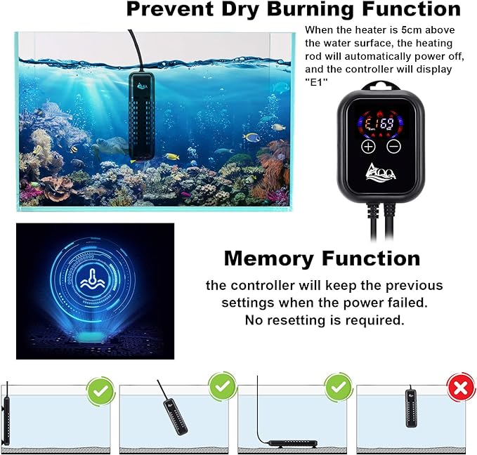 AQQA Submersible Aquarium Heater,100W/200W/300W/500W/800W/1000W/1200W Fish Tank Heater,External Temperature Controller LED Temperature Display,Suitable for Saltwater and Freshwater(500W)