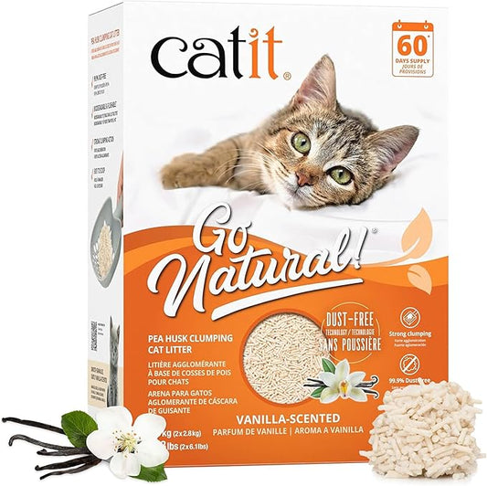 Catit - Go Natural Pea Husk Clumping Cat Litter - Lightweight, Dust Free, Easy Cleaning & Scooping, Flushable Kitty Litter with Odor Control & Subtle Fragrance - 12.3 Lbs, Vanilla Scented