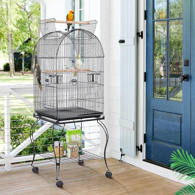 Yaheetech 59-Inch Rolling Standing Medium Dome Open Top Bird Cage for Parrots Cockatiels Sun Conures Parakeets Lovebirds Budgies Finches Canary Pet Bird Cage with Removable Stand