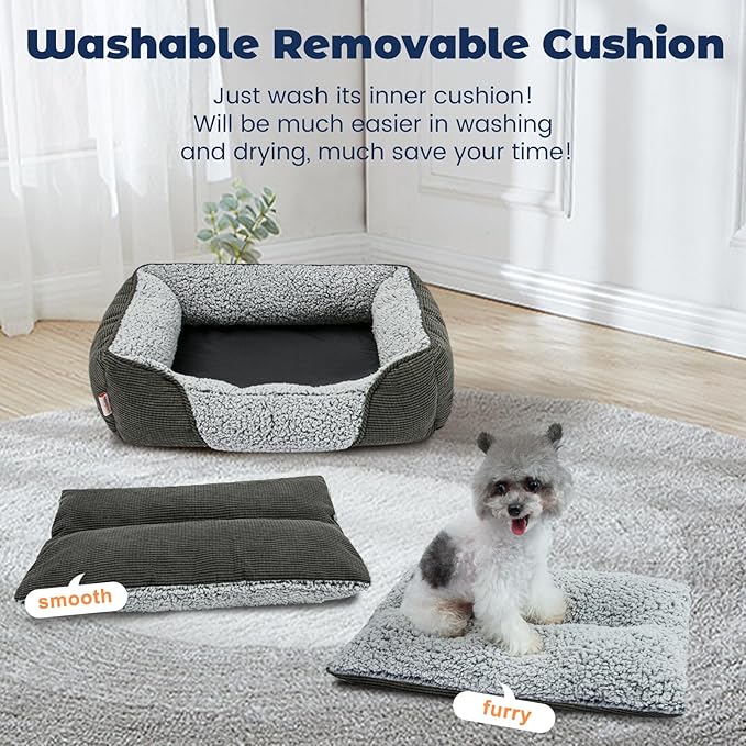 Miguel Washable Dog Bed with Removable Cushion for Medium Small Dogs, Easy to Wash Pet Sofa Bed with Side, Rectangle Bolster Cat Bed Calming Cuddle Puppy Bed with Anti-Slip Bottom, Gray 25 Inch