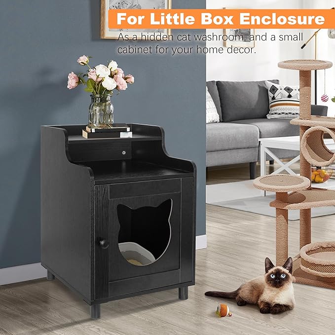 DOUSY- Small Wooden Cat Litter Box Enclosure, Hidden Litter Box Furniture Enclosed Cat Washroom Storage Cabinet, Side Table, Nightstand, Indoor Pet House 15.8 x 15.8 x 24 Inches, Black