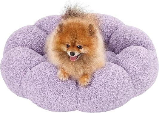 Lesure Calming Small Dog Bed - Flower Donut Round Fluffy Puppy Bed in Plush Teddy Sherpa, Non-Slip Cute Flower Cat Beds for Indoor Cats, Small Pet Bed Fits up to 25 lbs, Machine Washable, Purple 23"