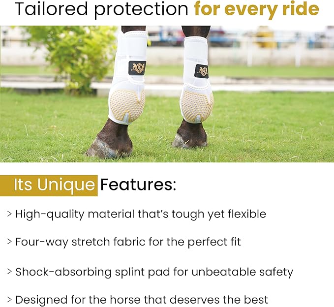 RS Premium Design Horse Boots, Protective and Shock Absorber | Horse Fly Boots Best for Jump Training and for Trails | Ok Fabric Provides Ultimate Flexibility (White, Medium)