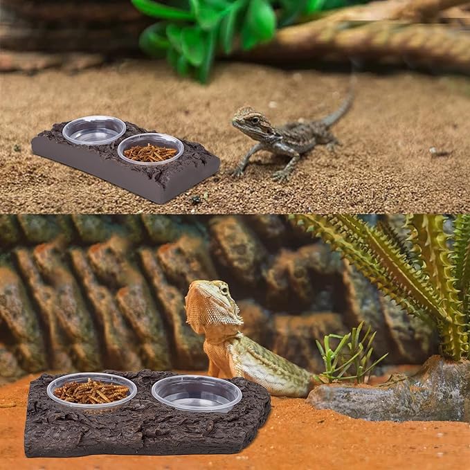 Crested Gecko Feeding Ledge Reptile Feeder Food Dish Double Bowl with 6PCS Feeding Cups Food Water Feeder Crested Gecko Tank Accessories for Lizard Chameleon Pets Leopard Bearded Dragon