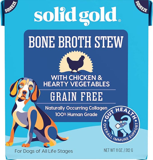 Solid Gold Bone Broth Stew - Dog Food Topper & Dog Treat Rich in Natural Collagen for Gut Health - Grain Free Formula Packed with Protein & Hearty Vegetables - Great for Picky Eaters - 6 Pack