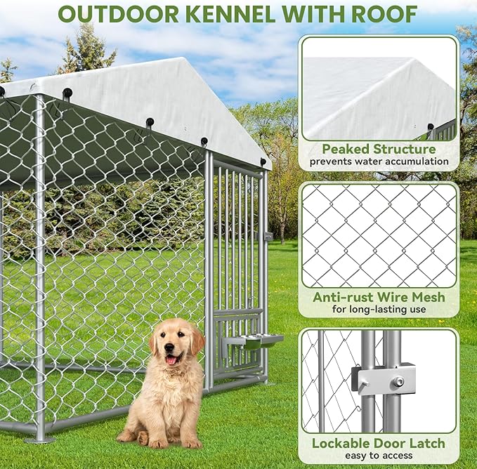 6.7' x 6.7' x 5' Outdoor Dog Kennel with Roof, Outside Dog Kennel with UV-Resistant & Waterproof Cover, Dog Kennel Outside with Rotating Feeding Bowls, Covered Outdoor Kennel for Dogs