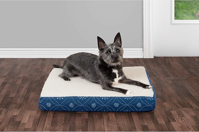 Furhaven Orthopedic Dog Bed for Small Dogs w/ Removable Washable Cover, For Dogs Up to 20 lbs - Sherpa & Flannel Paw Print Deluxe Mattress - Twilight Blue, Small