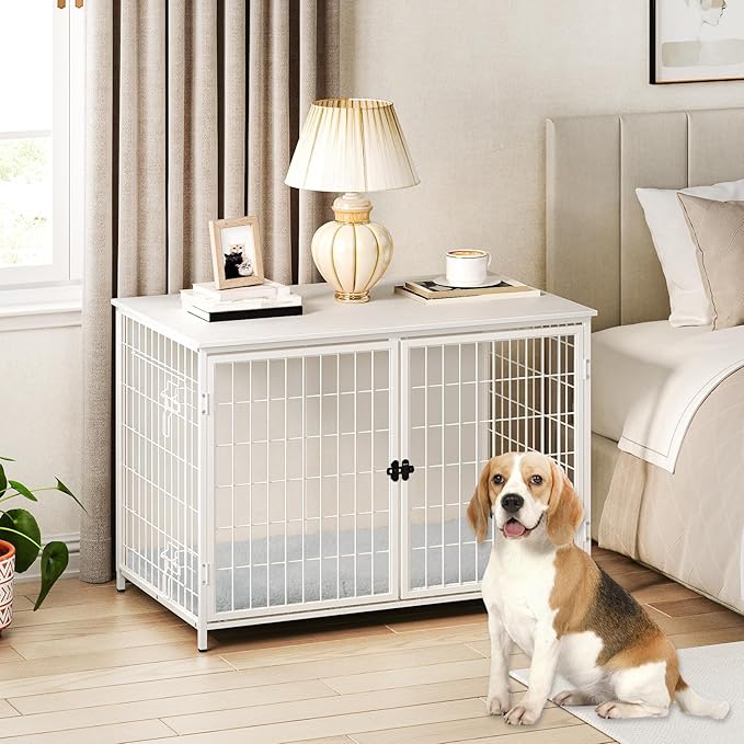 Dog Crate Furniture with Cushion, Wooden Dog Kennel with Double Doors, Heavy Duty Dog Cage for Small/Medium/Large Dogs, Indoor Dog House End Table, 39.4" L, White DCBW10701