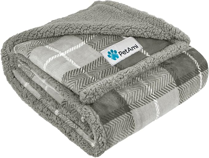 PetAmi Dog Blanket for Medium Large Dogs, Pet Bed Blanket Cat Puppy Kitten, Fleece Furniture Couch Cover Protector Sofa Car, Soft Sherpa Dog Throw Plush Reversible Washable, 40x60 Plaid Light Gray