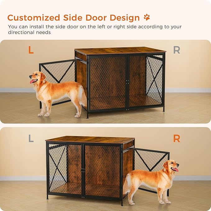 DWANTON Dog Crate Furniture, 42.5" L Three-Door Wooden Dog Kennel Indoor, Connectable expansion, Wooden Dog Crate Table for Small/Medium/Large Dog, Dog House, Dog Cage Large, Rustic Brown