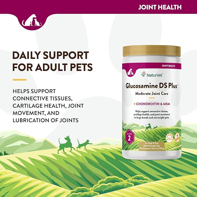 NaturVet Glucosamine DS Plus Level 2 Moderate Care Joint Support Supplement for Dogs and Cats, Chewable Tablets Time Release, Made in The USA, 240 Count