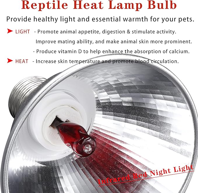 Reptile Heat Lamp Bulb Infrared Red Night Light Warming Bulb Reptile Light for Lizard, Turtle, Bearded Dragon, Hedgehogs, Snake Amphibians, Chicks, with 2 Bulb Beads (25 Watt)