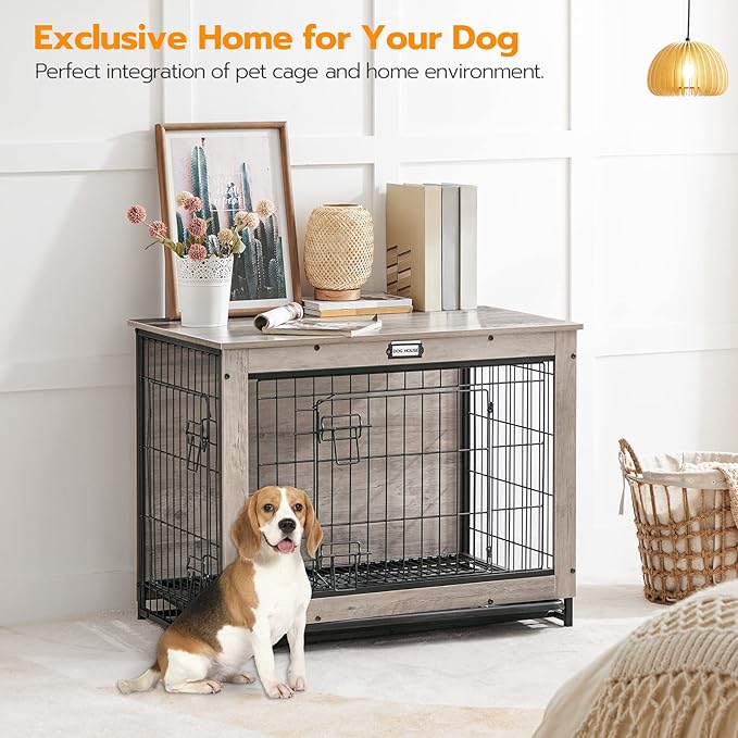 HOOBRO Dog Crate Furniture, 32.5" Medium Dog Kennel Indoor, Wooden Dog Crate with Pull-Out Tray, Double Doors Dog House, Modern Side End Table for Small/Medium Dog, Greige BG802GW03