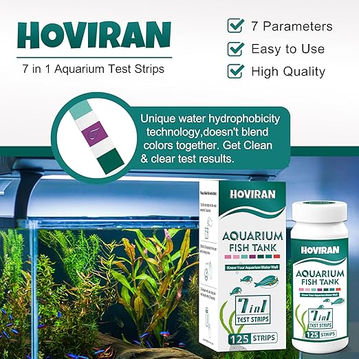 7 in 1 Aquarium Test Strips, 125 Count Fish Tank Test Strips for Freshwater Saltwater Pond, Water Testing Kit Aquarium for Chlorine, Total Hardness, Carbonate, Alkalinity, Nitrate, Nitrite and pH