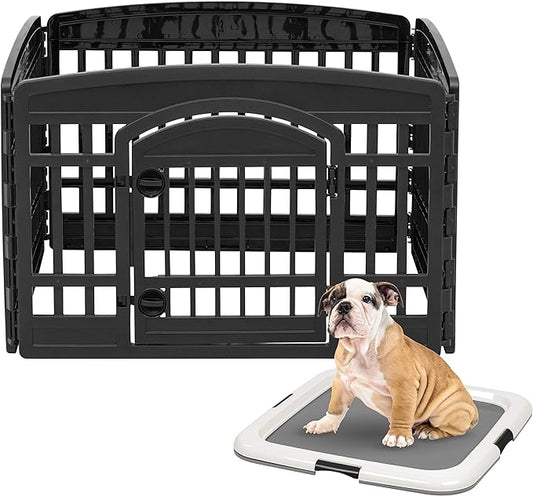 IRIS USA 24" Exercise 4-Panel Pet Playpen with Door and Square Training Pad Holder Set, Dog Playpen & Potty Pad Holder for Puppies and Small Dogs, Easy Assemble, Easy Storing, Floor Protection, Black