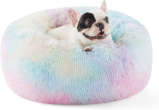 Bedsure Calming Dog Bed for Small Dogs - Donut Washable Small Pet Bed, Round Anti-Slip Fluffy Plush Faux Fur Large Cat Bed, Fits up to 25 lbs Pets, Multi-Colored, 23 inches