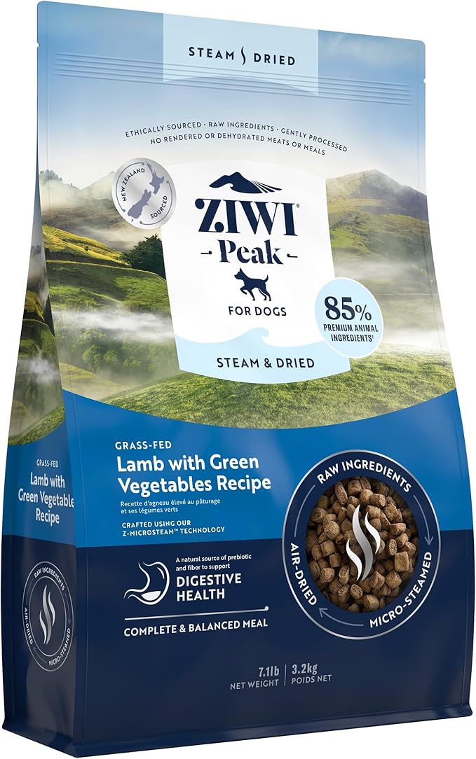 ZIWI Peak Steam & Dried Dog Food – Grass-fed Lamb with Green Vegetables Recipe - High Protein, Digestive Health, Low Carb, for All Breeds and Lifestages (7.1lb)