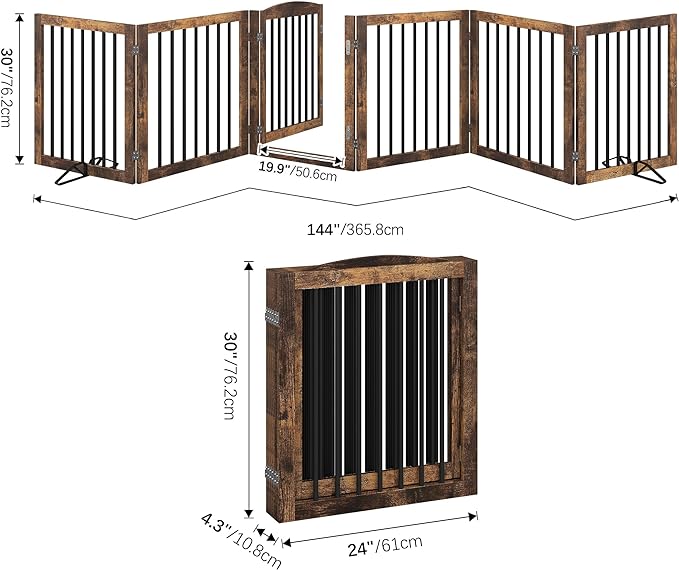 Folding Pet Gate 144" Wide, 30" Tall No-Assembly Wooden Dog Gate with Door Walk Through, Freestanding Pet Gate, Puppy Safety Fence, with 2PCS Support - Rustic Brown