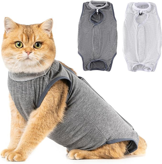 Avont 2 Pack Cat Recovery Suit - Kitten Onesie for Cats After Surgery, Surgical Spay Recovery Suit Female for Abdominal Wounds or Skin Diseases Protection -Grey/Dark Grey(S)