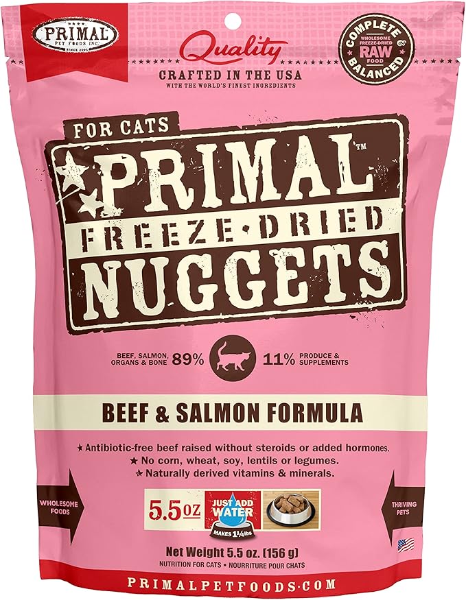 Primal Freeze Dried Cat Food Nuggets Beef & Salmon; Complete & Balanced Meal or Topper; Premium, Healthy, Grain Free, High Protein Raw Cat Food with Probiotics (5.5 oz)