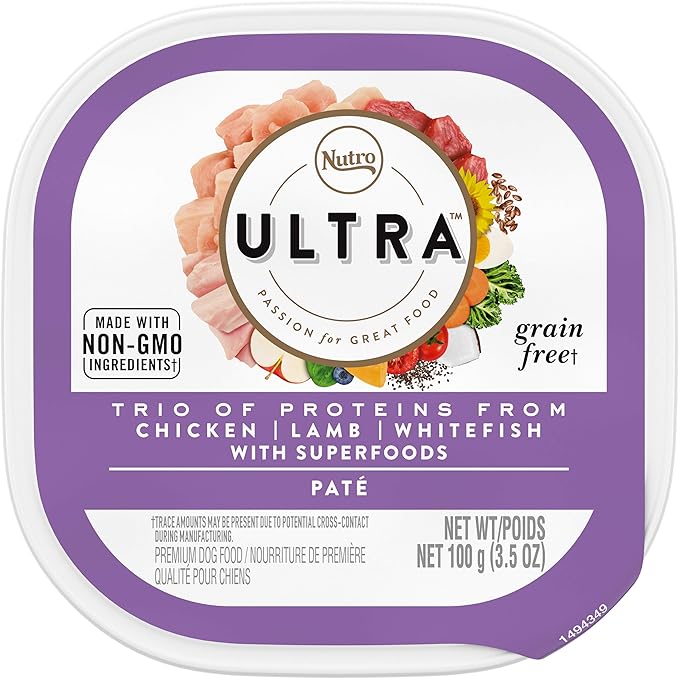 NUTRO ULTRA Adult Grain Free Soft Wet Dog Food, Trio of Proteins Chicken, Lamb & Whitefish with Superfoods Paté, 3.5 oz. Trays, Pack of 24