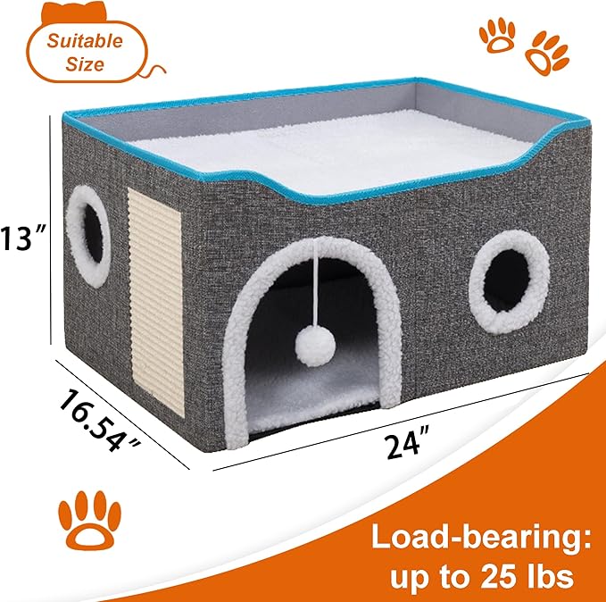 Cat Houses for Indoor Cats - Large Cat Bed Cave for Cat House with Scratch Pad and Fluffy Ball, Foldable Cat Hideaway with Reversible Cushion Cat Condo, Grey