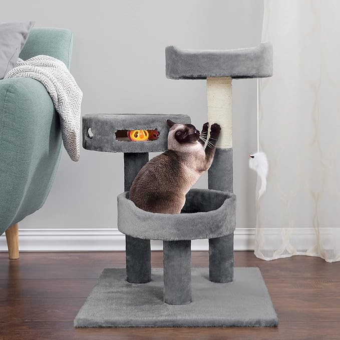 3-Tier Cat Tower with Sisal Rope Scratching Post, 2 Carpeted Napping Perches, Hanging Mouse, and Interactive Toy for Indoor Cat Use by PETMAKER (Gray)