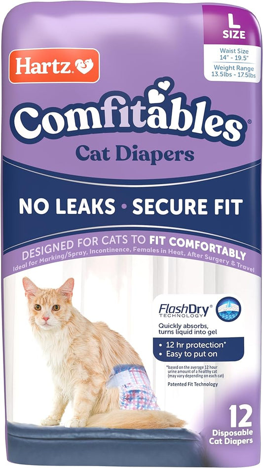 Hartz Disposable Cat Diapers, Size L 12 count, Comfortable & Secure Fit, Easy to Put On