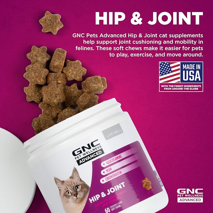 GNC Pets ADVANCED Hip & Joint Cats Supplements, 60 ct | Cat Soft Chews for Hip & Joint Support, Cat Supplements, Cat Joint Health | Glucosamine, MSM, & Chondroitin Cat Chews | Made in the USA