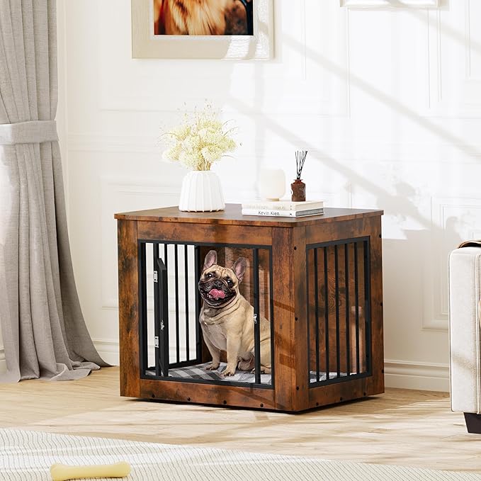 YITAHOME Dog Crate Furniture for Medium Dogs, Side End Table, Modern Dogs Kennel Indoor up to 35 lb, 2-in-1 Iron-Wood Fusion Dog Cage with Waterproof Top, Safety Corners,Steel Lock,30"L, Rustic Brown