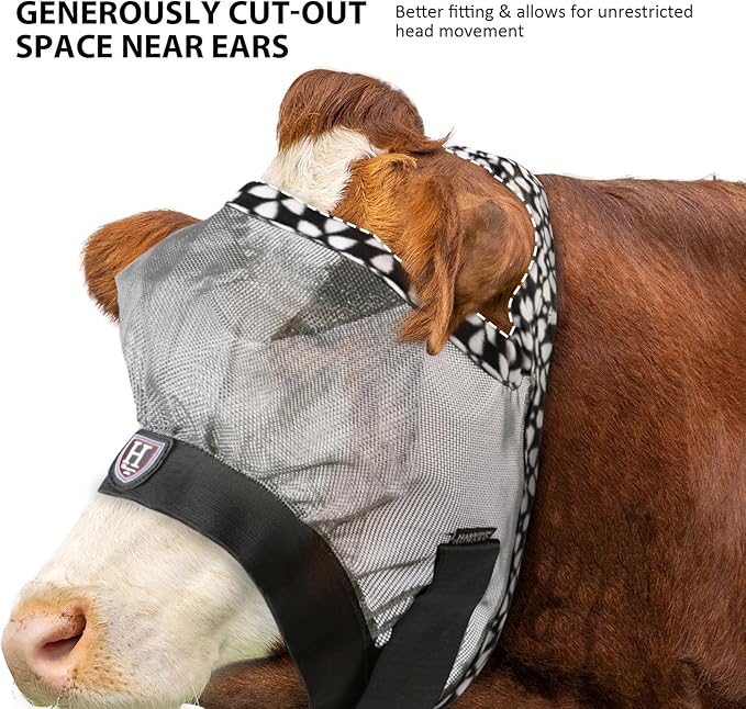 Harrison Howard Cattle Livestock Fly Mask Breathable Mesh Padded Edging with Fun Patterns Large Spacing Forelock Opening Design Adjustable Fit for Cattle Light Grey