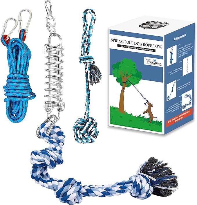 Spring Pole Dog Rope Toys: Dog Rope Pull & Tug of War Toy with a Big Spring Pole Kit & 2 Strong Dog Rope Toys & 16ft Rope - Muscle Builder Interactive Dog Toy for Pitbull Medium Large Dog Alaska