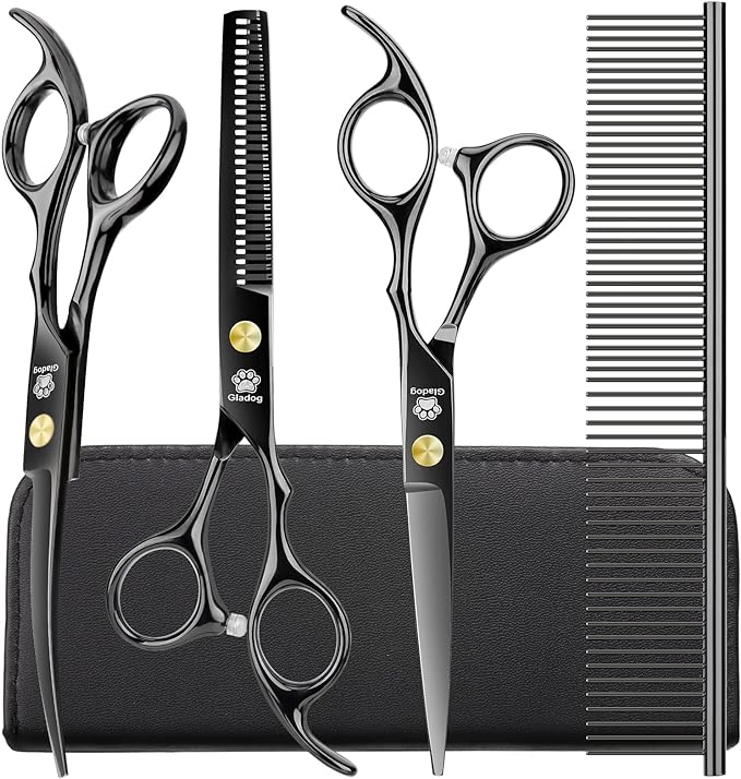 Dog Grooming Scissors Kit with Safety Round Tips, GLADOG Professional 5 in 1 Grooming Scissors for Dog