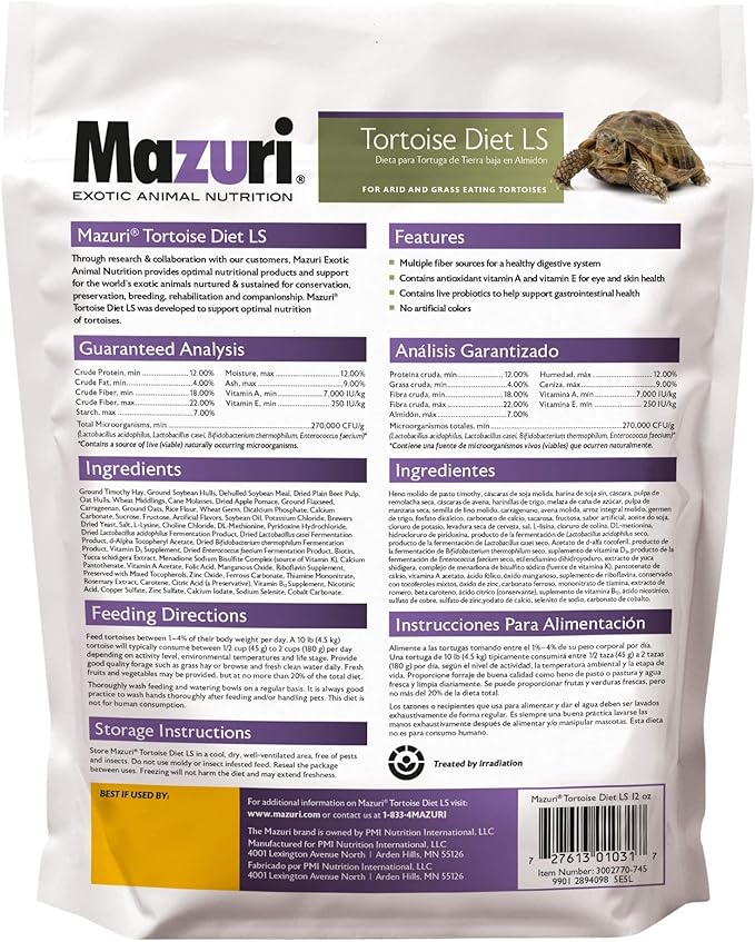 Mazuri | Tortoise LS Diet for African Spurred/Sulcata, Desert, Egyptian, Galapagos, Gopher, Greek, Leopard, Pancake, Radiated or Yellow-Footed Tortoise, | 12 Ounce (12 OZ) Bag