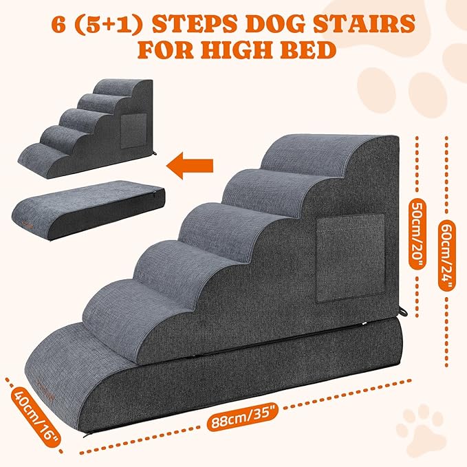 Dog Stairs for High Bed: Foam Pet Stairs for Dogs to Get on Bed Couch, 24" Tall Dog Steps for Small Dogs, Cat Stairs for Old Cats with Side Pockets, Detachable Dog Bed, 6 Tiers, Grey