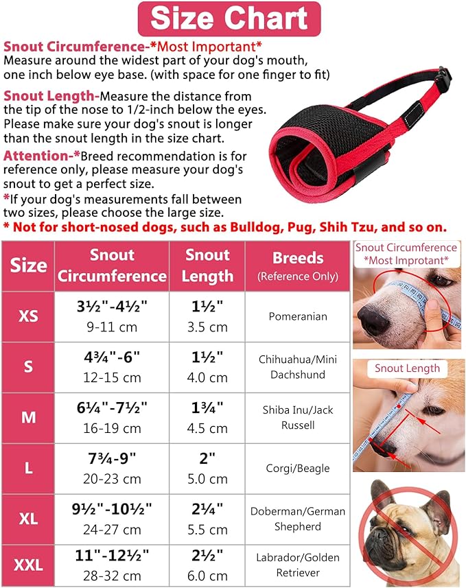 LUCKYPAW Dog Muzzle Anti Biting Barking and Chewing with Comfortable Mesh Soft Fabric and Adjustable Strap, Suitable for Small, Medium and Large Dogs(Red Trim,XL)