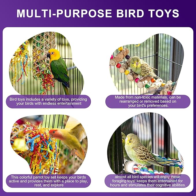 Bird Parakeet Toys 8PCS - Parrot Cage Accessories Chewing Stuff, Natural Woven Climbing Perch Nest, Chewing Toys for Budgerigars, Conure, Cockatiel, Finch, Lovebirds, and Medium, Small Birds