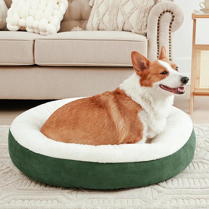 Love's cabin Round Donut Cat and Dog Cushion Bed, 25in Pet Bed for Small or Medium Dogs, Anti-Slip & Water-Resistant Bottom, Soft Durable Fabric Pet Beds, Washable Calming Cat & Dog Bed Green