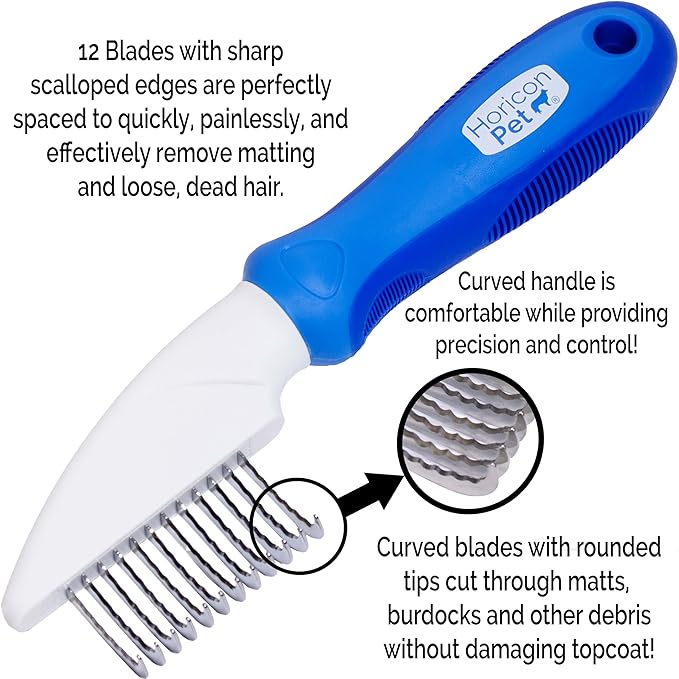 12 Blade Dog Dematting Comb - Removes Knots, Matted Fur, & Tangles Gently For Dogs, Cats & Small Animals