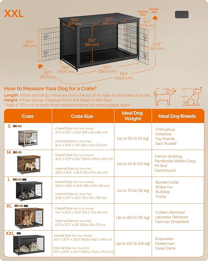 Feandrea Dog Crate Furniture, Modern Kennel for Dogs Indoor up to 105 lb, Heavy-Duty Dog Cage with Multi-Purpose Removable Tray, Double-Door Dog House, Ink Black UPFC005B01