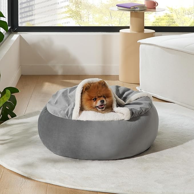 Lesure Small Dog Bed with Cover Cave - Covered Round Puppy Bed with Hooded Blanket, Machine Washable Burrow Pet Bed for Small Dogs and Cats, Cuddler Cozy Cave Dog Bed with Anti-Slip Bottom, Grey 23"