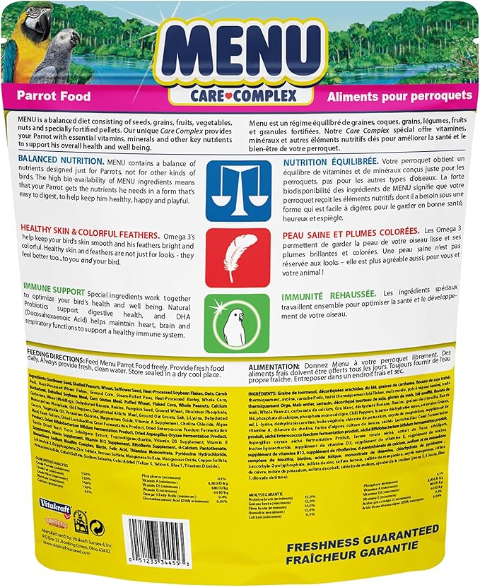 Vitakraft Menu Premium Parrot Food - Vitamin-Fortified - Macaw, Amazon, Conure, and Parrot Food for Large Birds 5 Pound (Pack of 1)