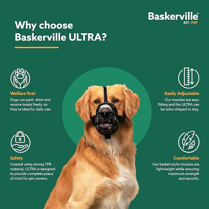 BASKERVILLE ULTRA MUZZLE - Patented Humane Design, Breathable, Dog can Pant and Drink, Adjustable, Padded, Dog Training Muzzle for Small Dogs, Prevents Biting, Wildlife Scavenging (Size 2, Black)