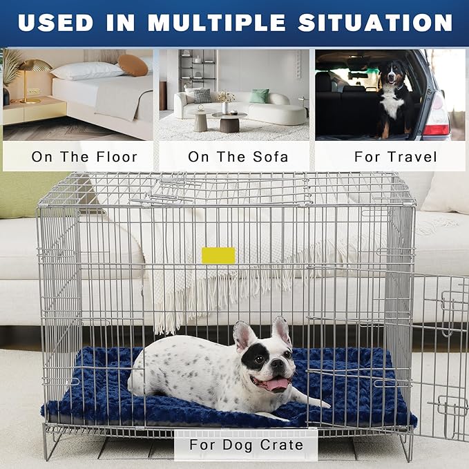 Washable Dog Bed Mat Reversible Dog Crate Pad Soft Fluffy Pet Kennel Beds Dog Sleeping Mattress for Large Jumbo Medium Small Dogs, 29 x 18 Inch, Blue