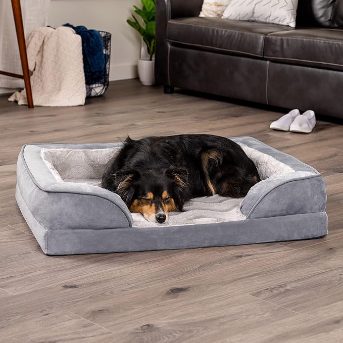 Furhaven Orthopedic Dog Bed for Large/Medium Dogs w/ Removable Bolsters & Washable Cover, For Dogs Up to 55 lbs - Plush & Velvet Waves Perfect Comfort Sofa - Granite Gray, Large